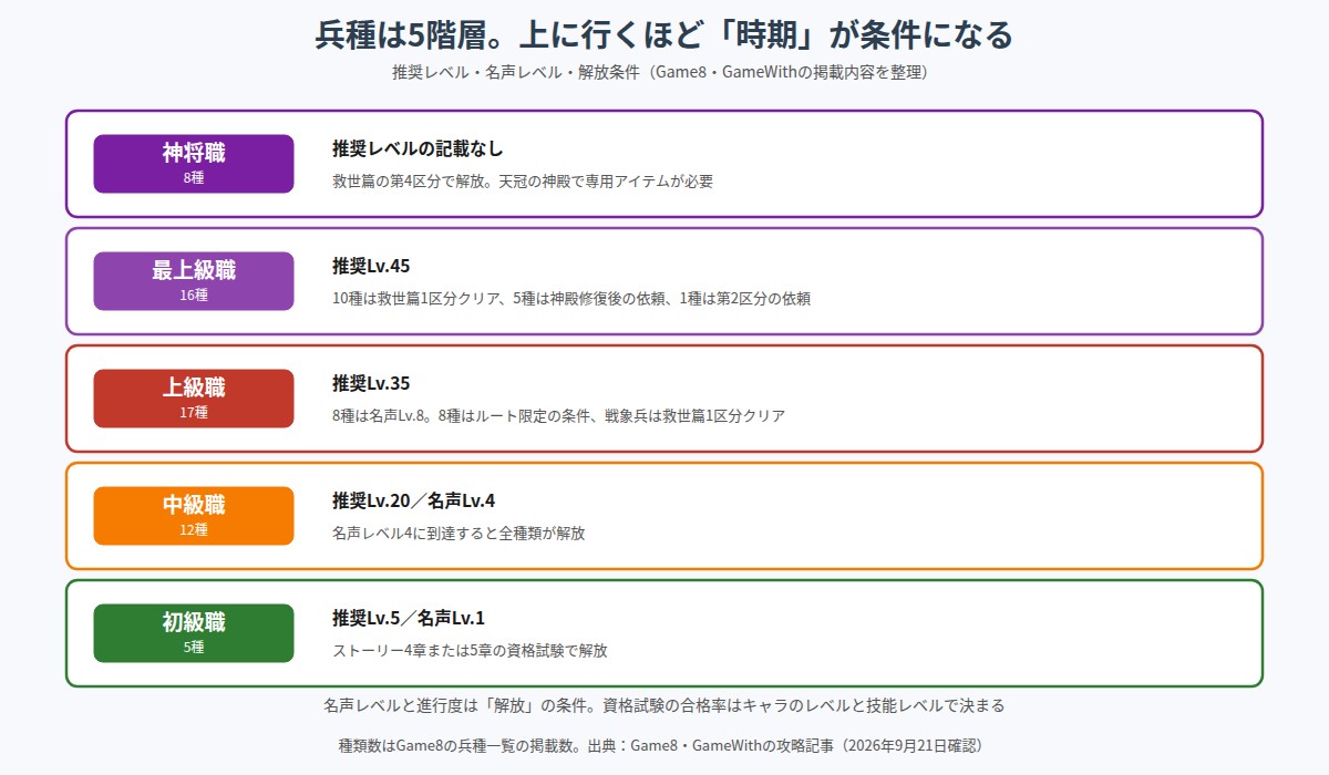 兵種の5階層と解放条件をまとめた図。初級職は推奨レベル5と名声レベル1でストーリー4章または5章の資格試験で解放、中級職は推奨レベル20と名声レベル4、上級職は推奨レベル35と名声レベル8、最上級職は推奨レベル45で救世篇1区分クリア、神将職は救世篇第4区分で天冠の神殿の専用アイテムが必要であることを示している