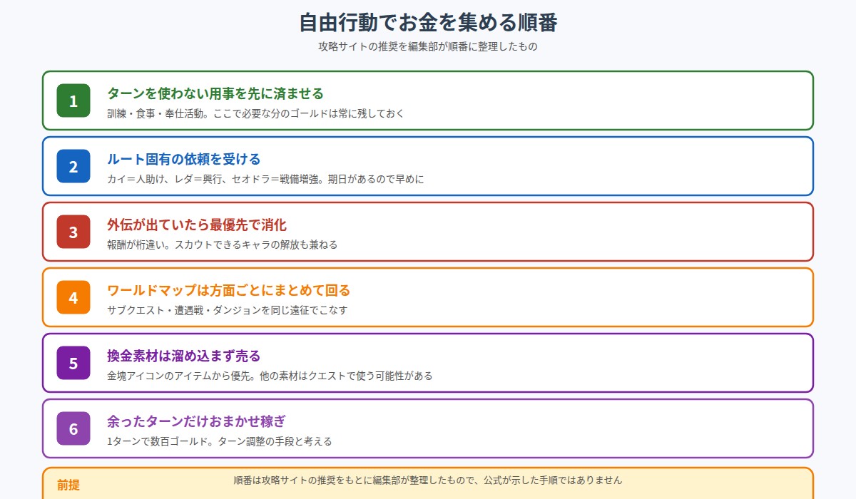 金策の優先順位をまとめた図。ターンを使わない用事を先に済ませる、ルート固有の依頼を受ける、外伝が出ていたら最優先で消化する、ワールドマップは方面ごとにまとめて回る、換金素材は溜め込まず売る、余ったターンだけおまかせ稼ぎに回す、の6段階を示している