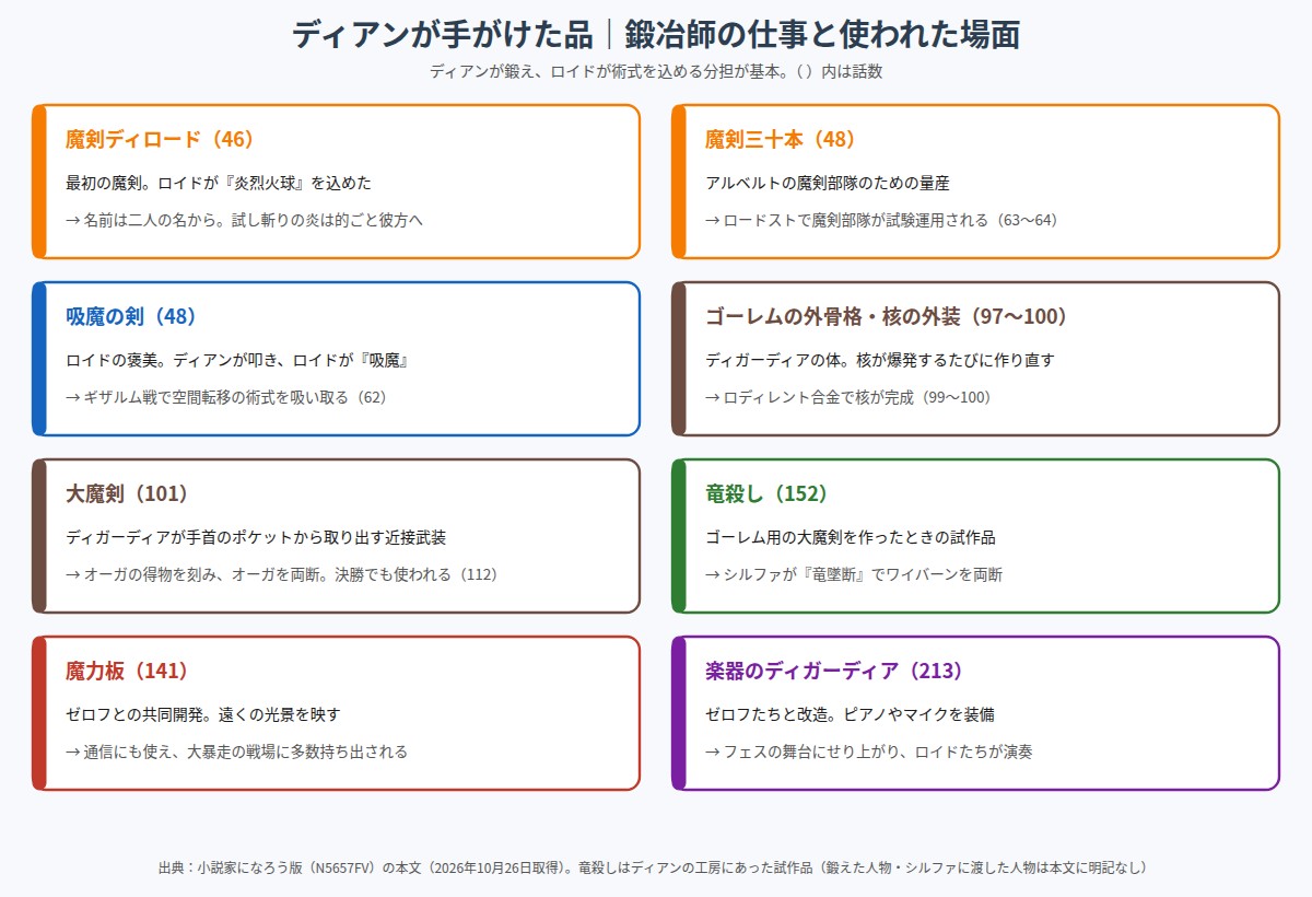 ディアンが手がけた魔剣ディロード、吸魔の剣、大魔剣、竜殺し、魔力板などの一覧図