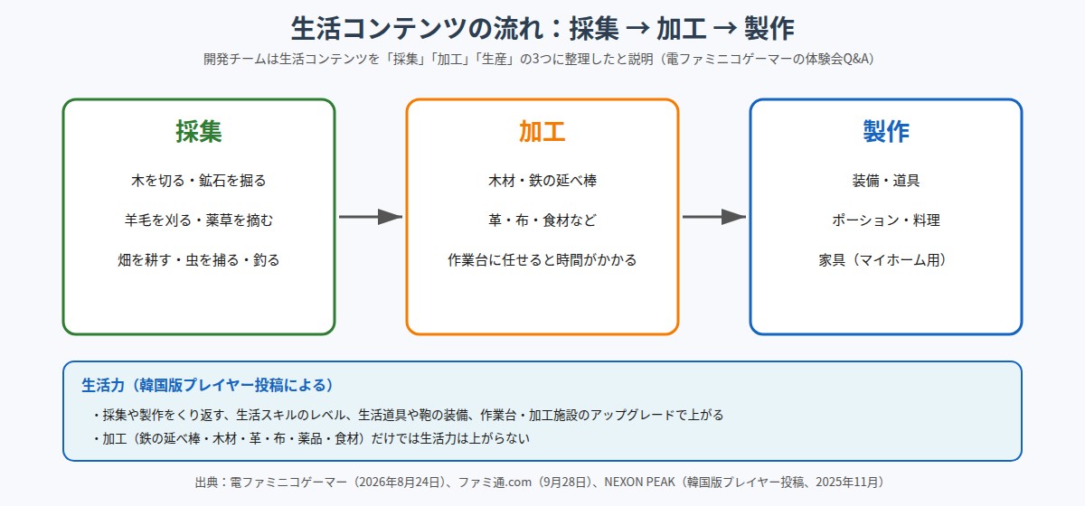 生活コンテンツの流れを採集、加工、製作の3段階で示した図。採集で木や鉱石や羊毛などを集め、加工で木材や鉄の延べ棒や革や布にし、製作で装備や道具やポーションや料理や家具を作る。下段に生活力の上がり方を示している