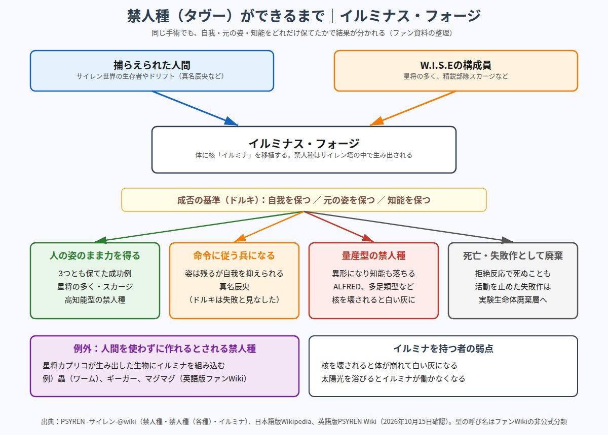 PSYREN 禁人種ができるまでのイルミナス・フォージの流れと結果の分かれ方の図