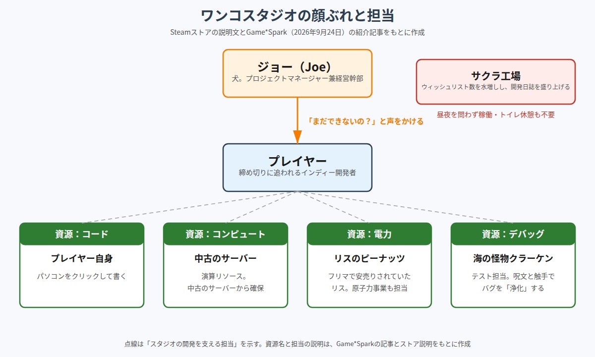 ジョー、プレイヤー、サクラ工場と、コード・コンピュート・電力・デバッグの担当を示した図