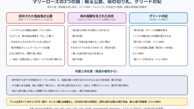 マリーローズの3つの顔 封印された吸血鬼の公爵、母の宿願を託された存在、グリードの妃の図